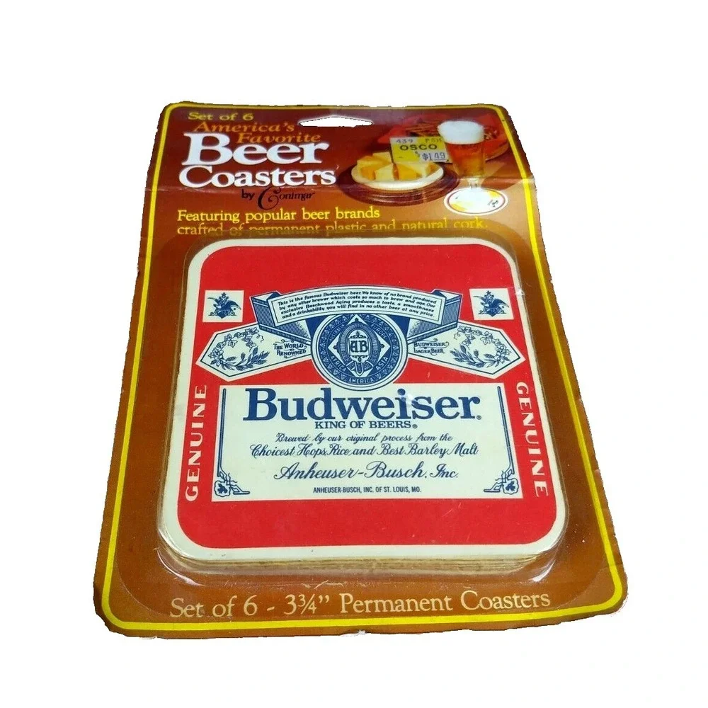 6 BUDWEISER BEER COASTERS Vintage America's Favorite Conimar‎ Cork Back Sealed